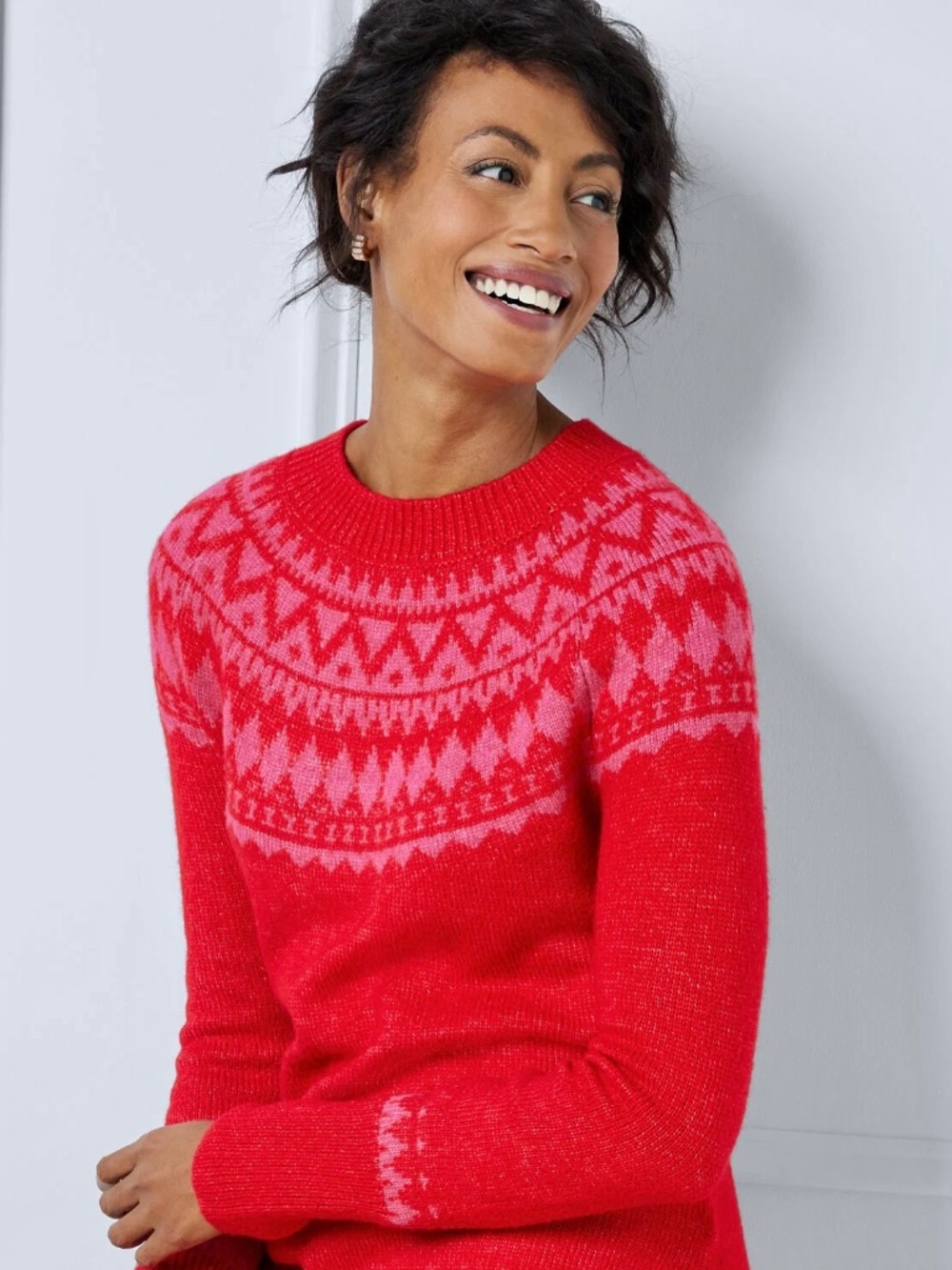 Talbots Fair Isle Crewneck Sweater, red with pink, like new